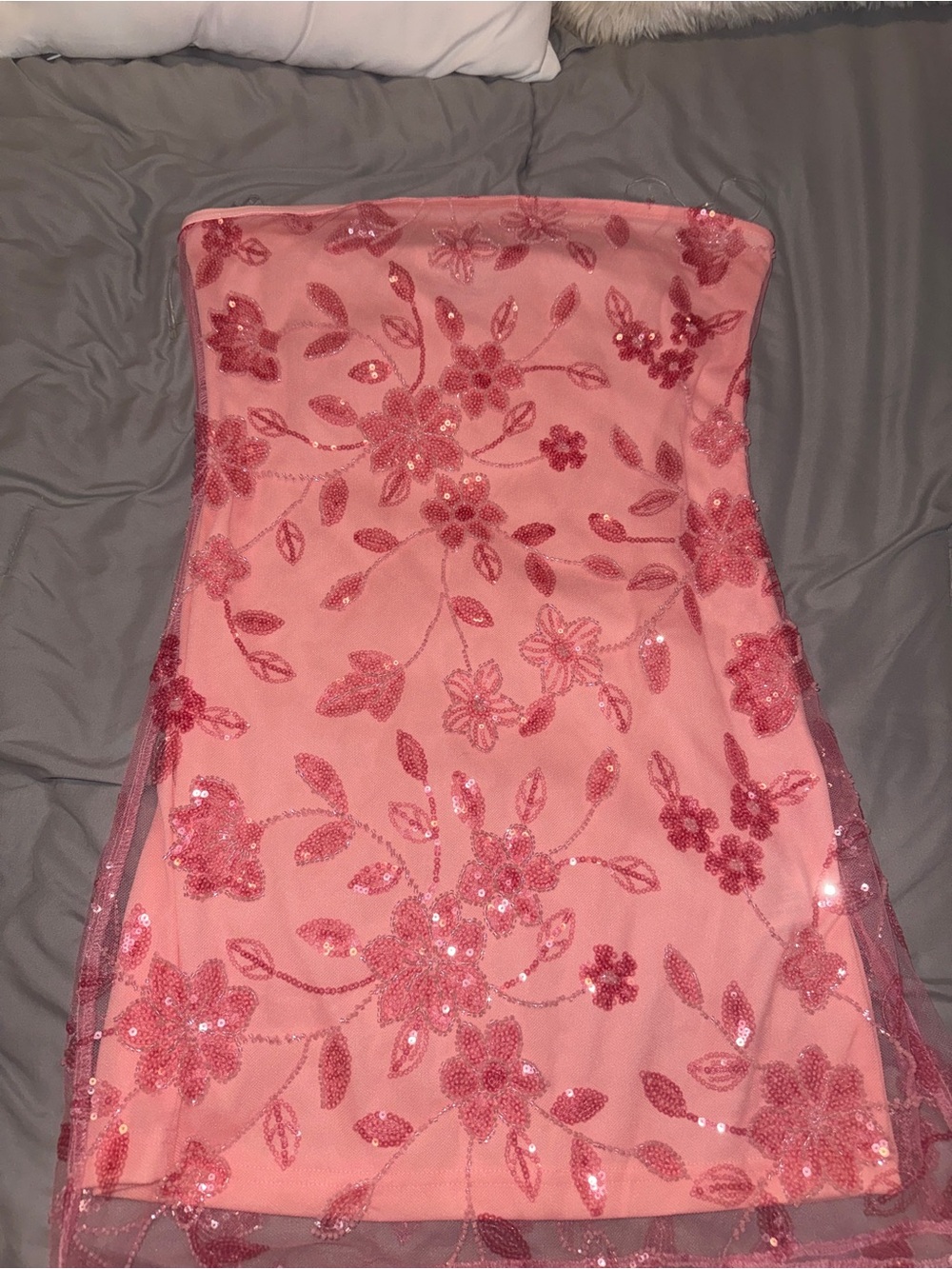 Peppermayo Coral Pink Sequin Floral Strapless Dress